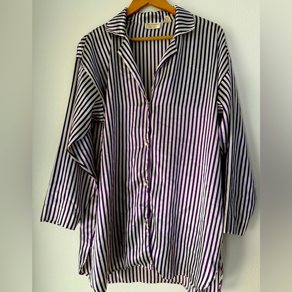 Vintage Victoria’s Secret Pajamas Night Dress Top M/l  Purple Stripes  Satin